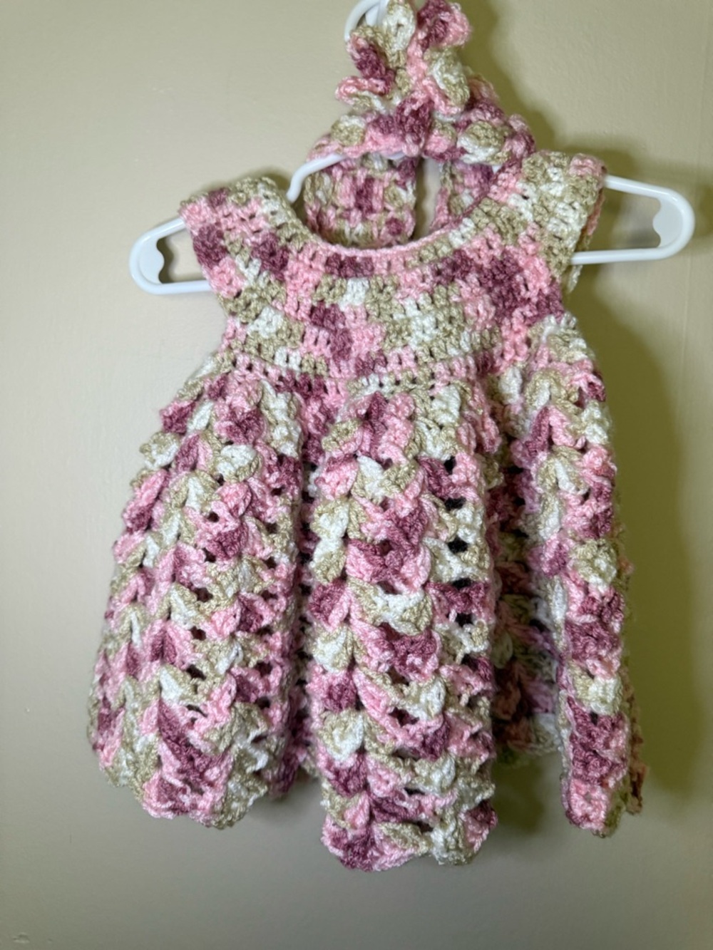 Hand Crafted Crochet Baby Dress in Pink, Cream & Taupe with matching Headband